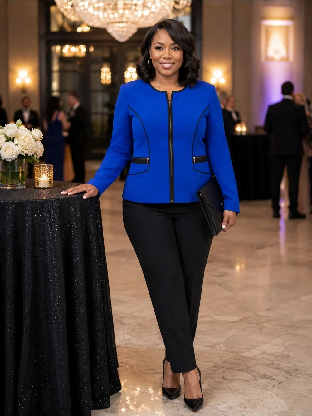 Kasper Royal Blue Piped Zip-Front Jacket